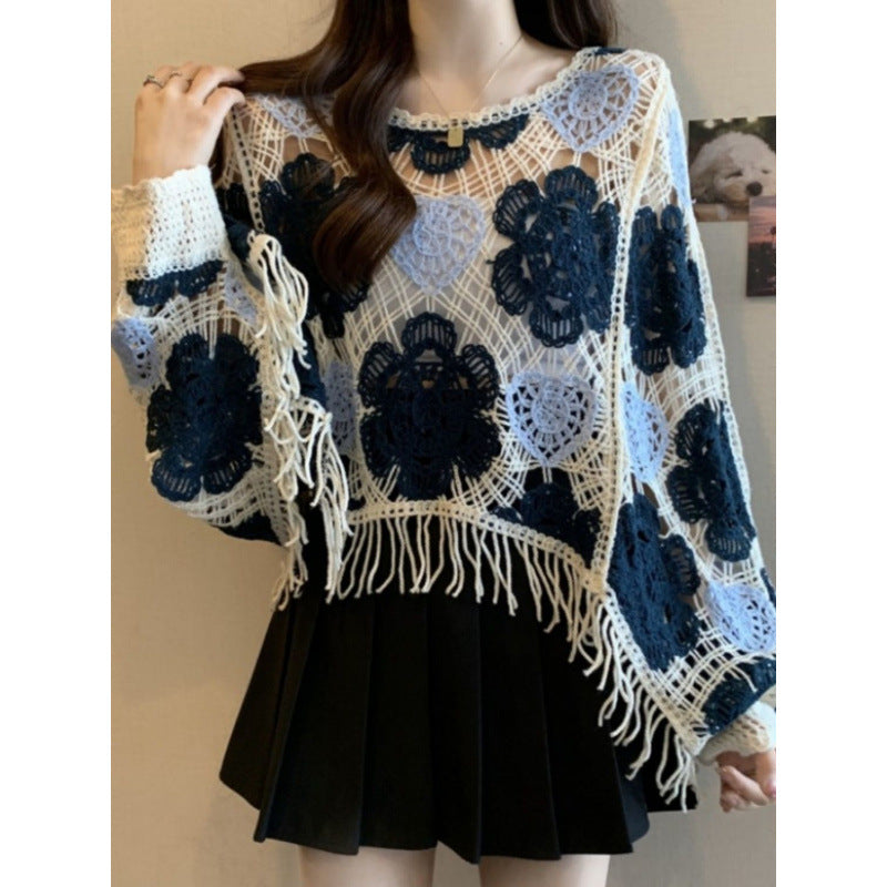 Vintage French fringed crochet sweater women's summer plus size fat high-end loose temperament slim long-sleeved top
