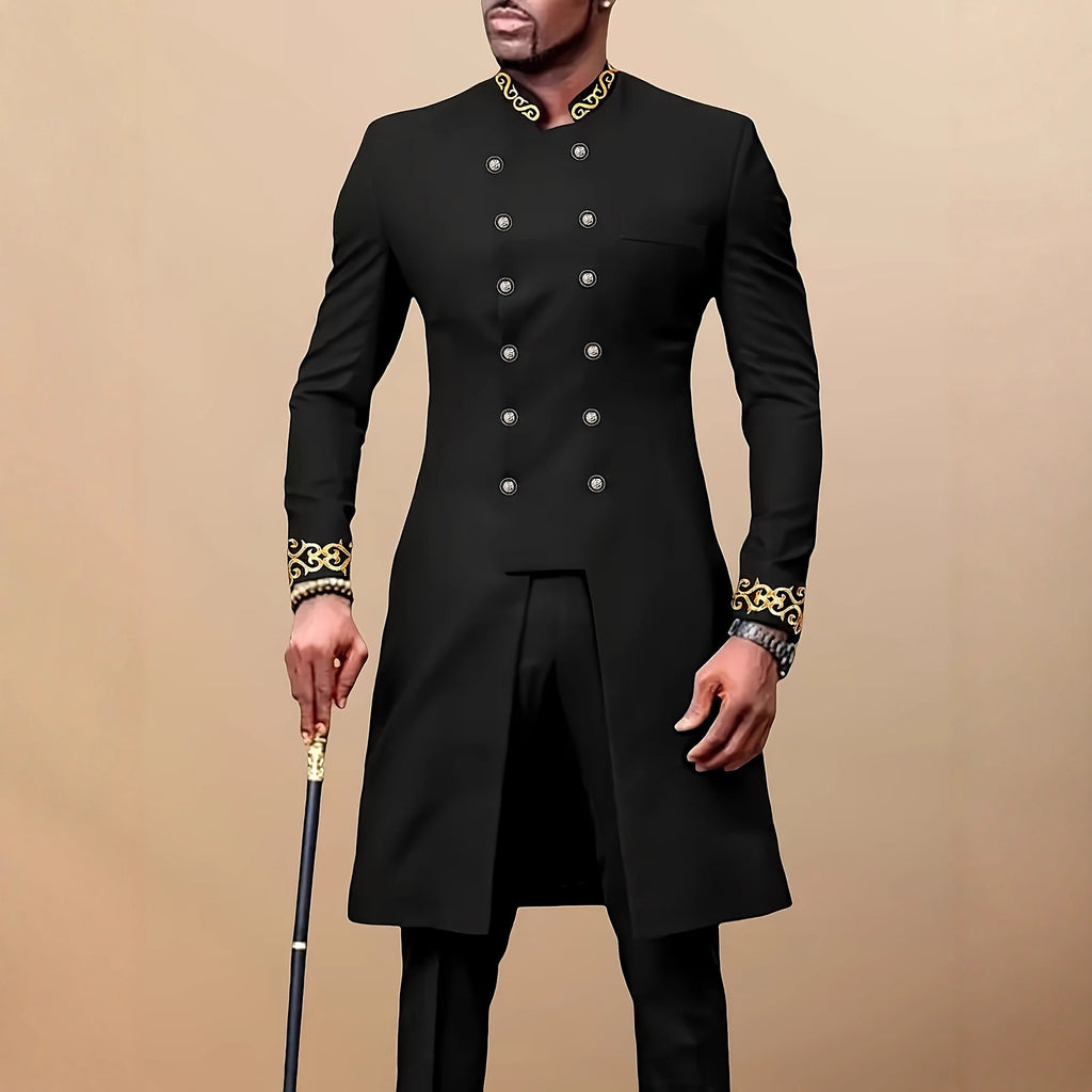 Traditional Muslim African Style Men Wedding New Suit 2 Piece Set Round Neck Long Sleeve Top Plus Pants Foreign Trade