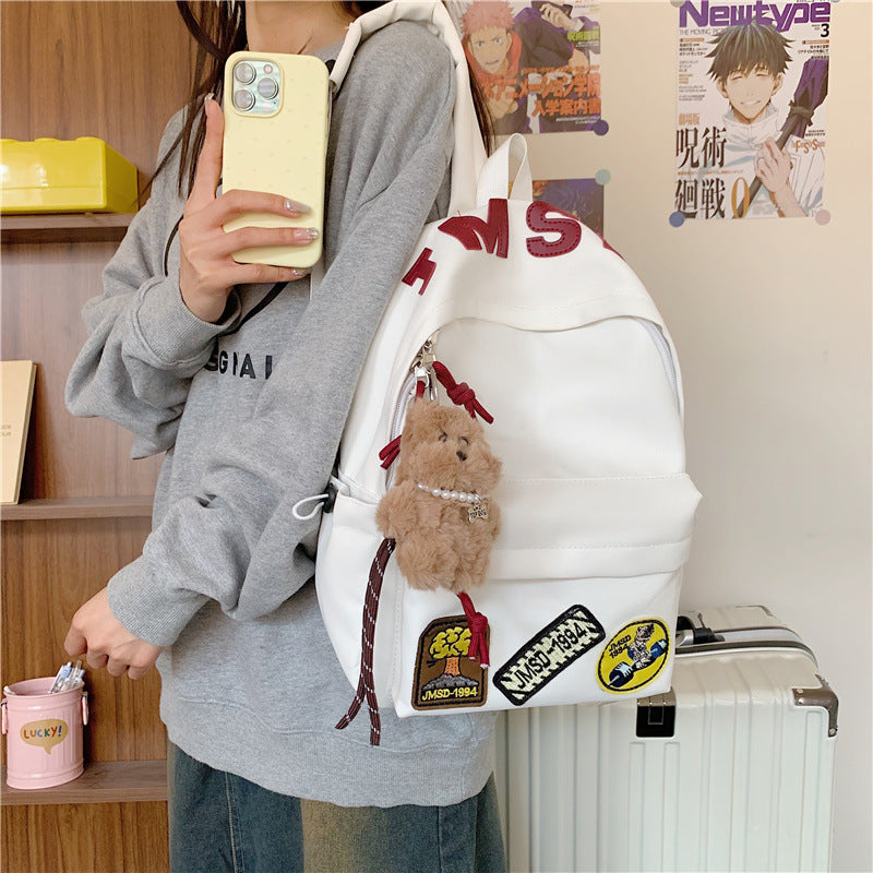 Letter Print Patchwork Backpack With Plush Charm