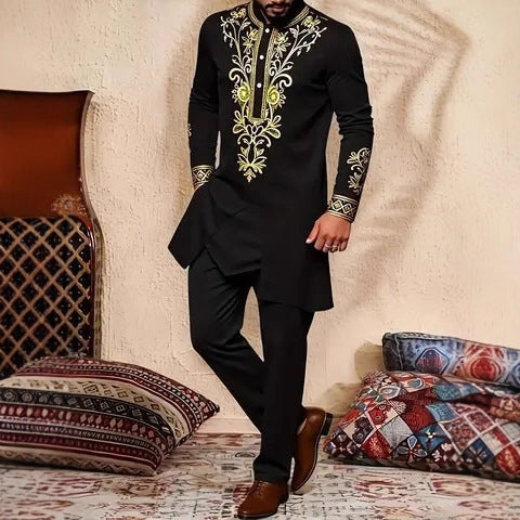 Traditional Muslim African Style Men Wedding New Suit 2 Piece Set Round Neck Long Sleeve Top Plus Pants Foreign Trade