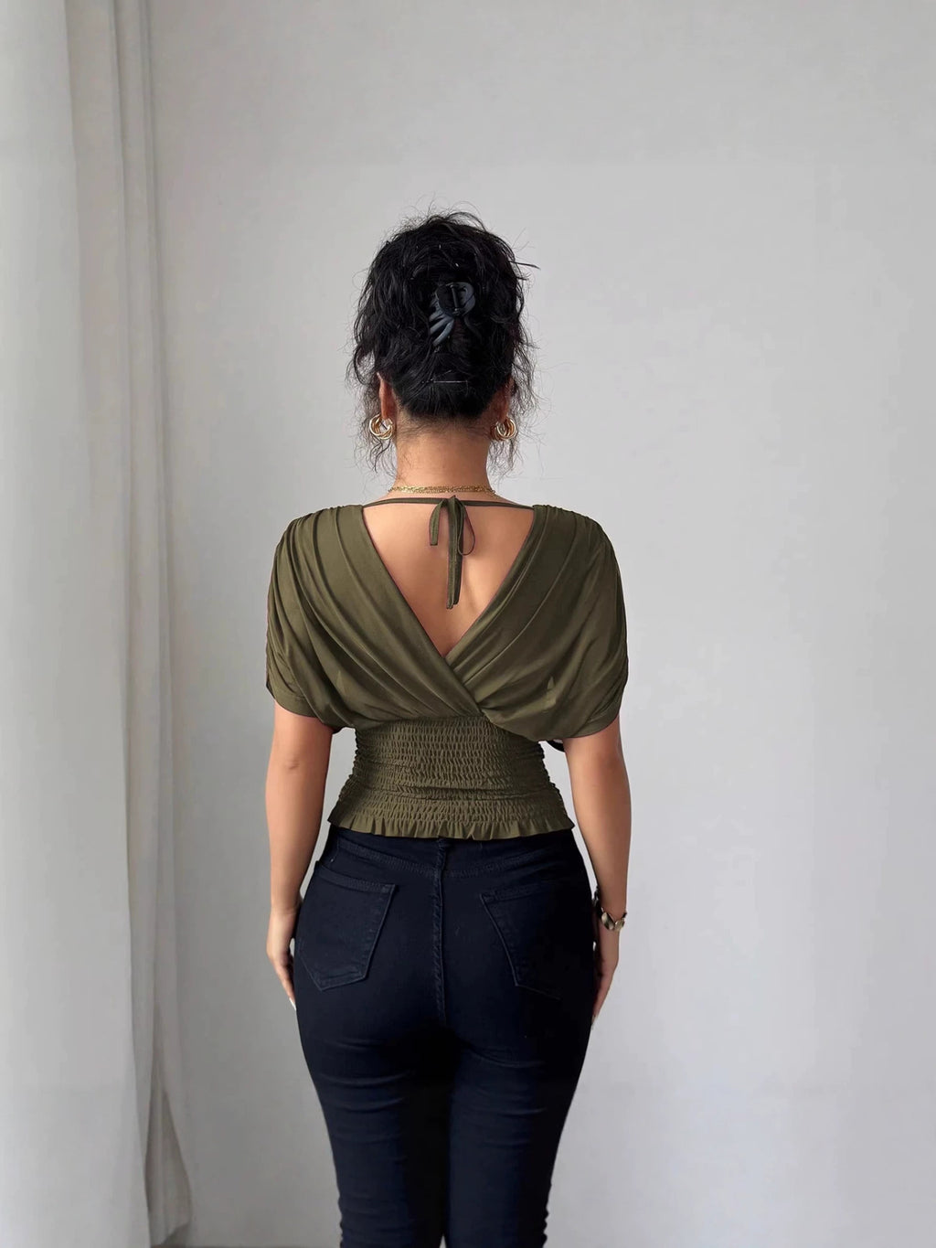 Elegant Ruched V Neck Drape Top