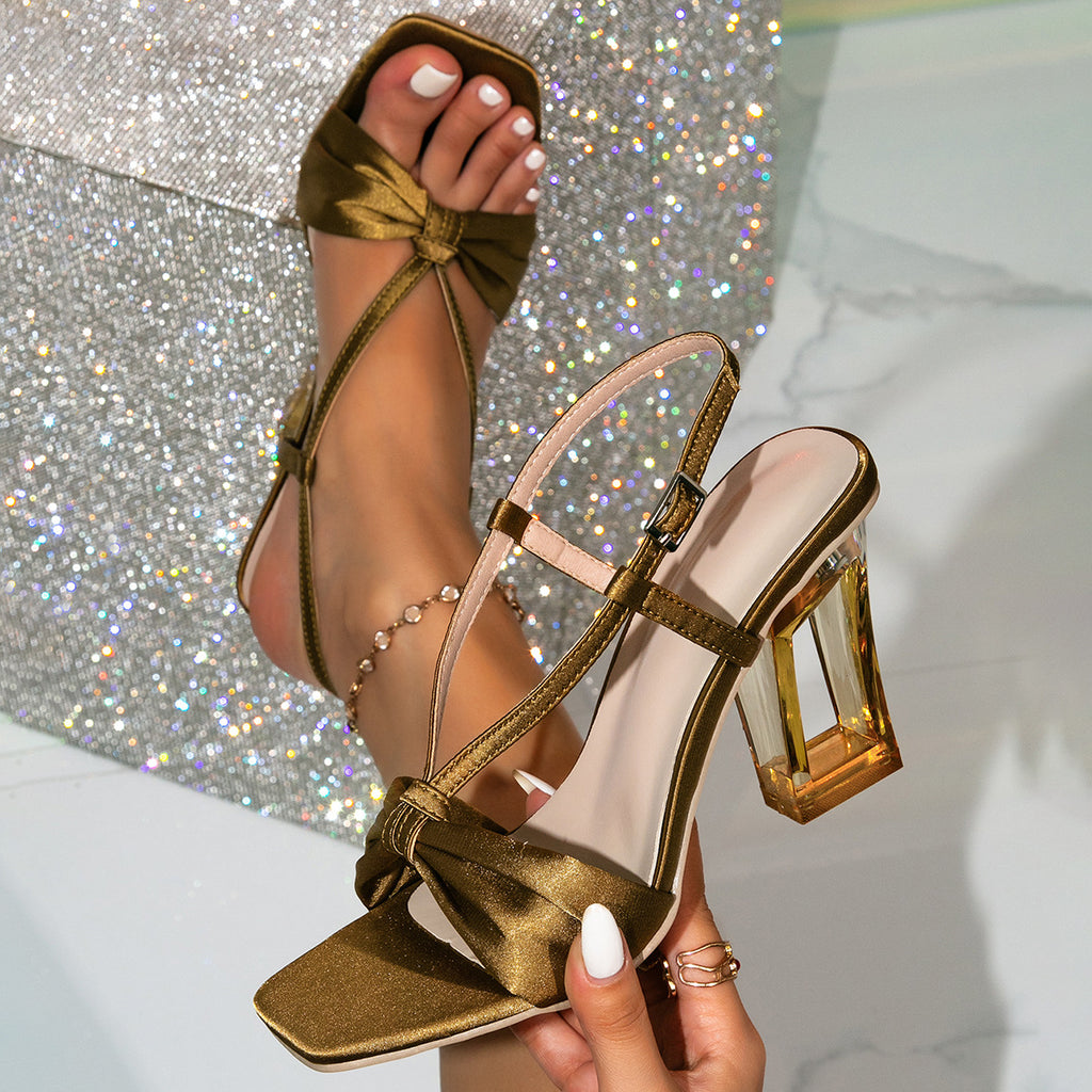 Satin Bow Block-Heel Sandals