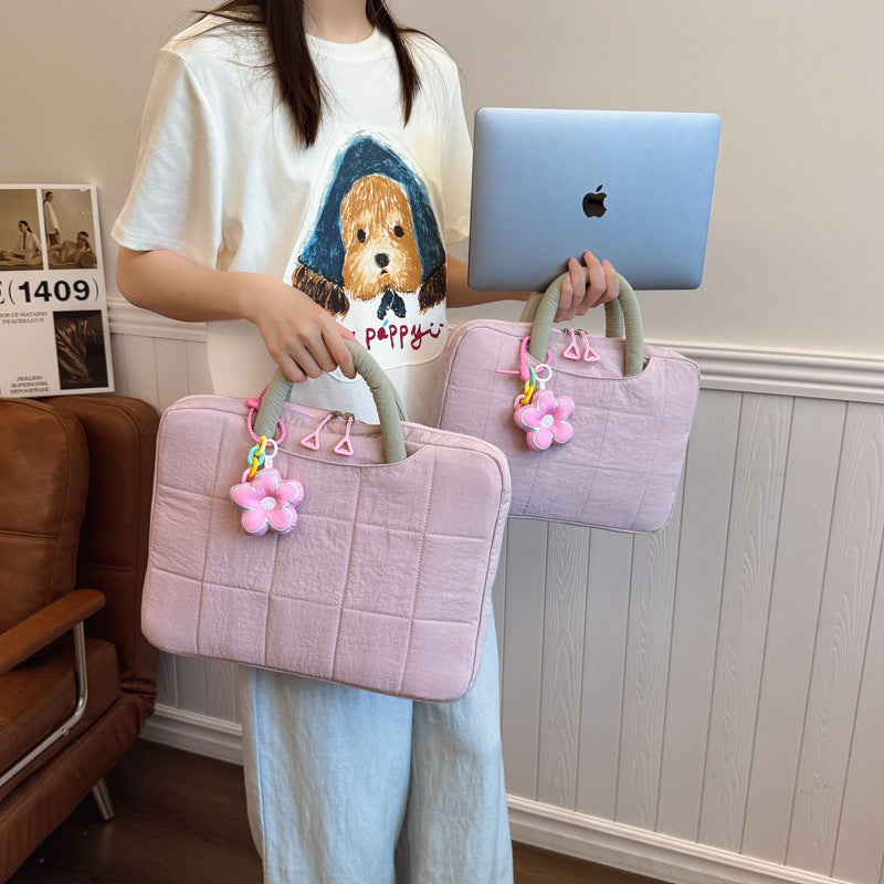 Quilted Laptop Bag With Flower Charm