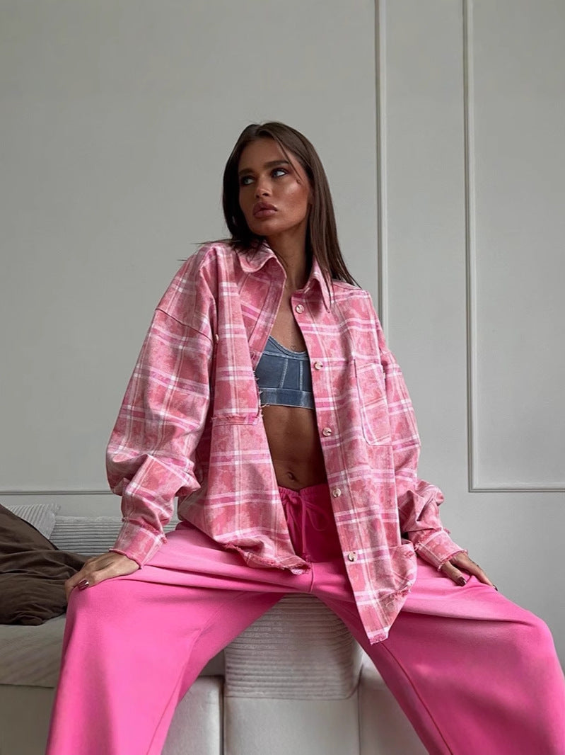 Relaxed Plaid Button Up Shirt Jacket