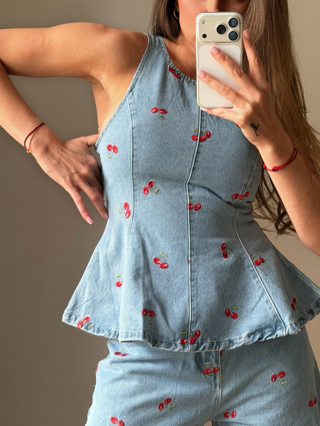 Cherry Print Denim Peplum Top and Wide Leg Pants Set