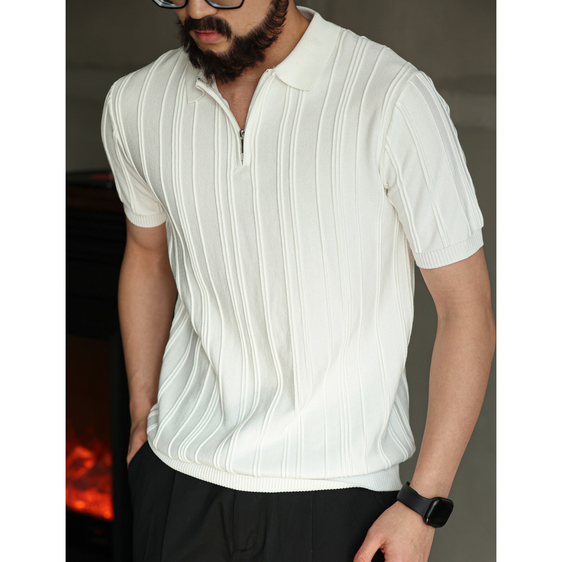 Ribbed Quarter Zip Knit Polo