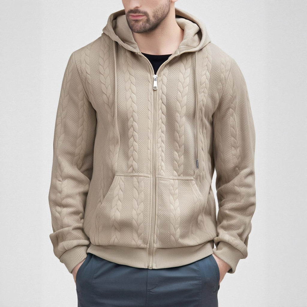 cable-knit full-zip hoodie.