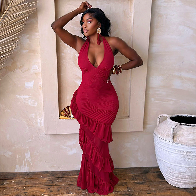 V-Neck Tie Ruffle Bodycon Dress