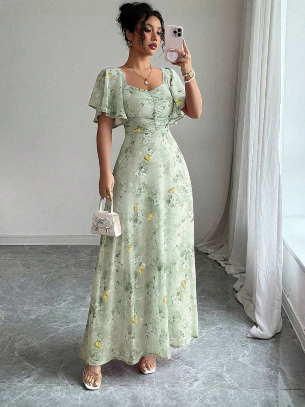 Floral Flutter-Sleeve Maxi Dress