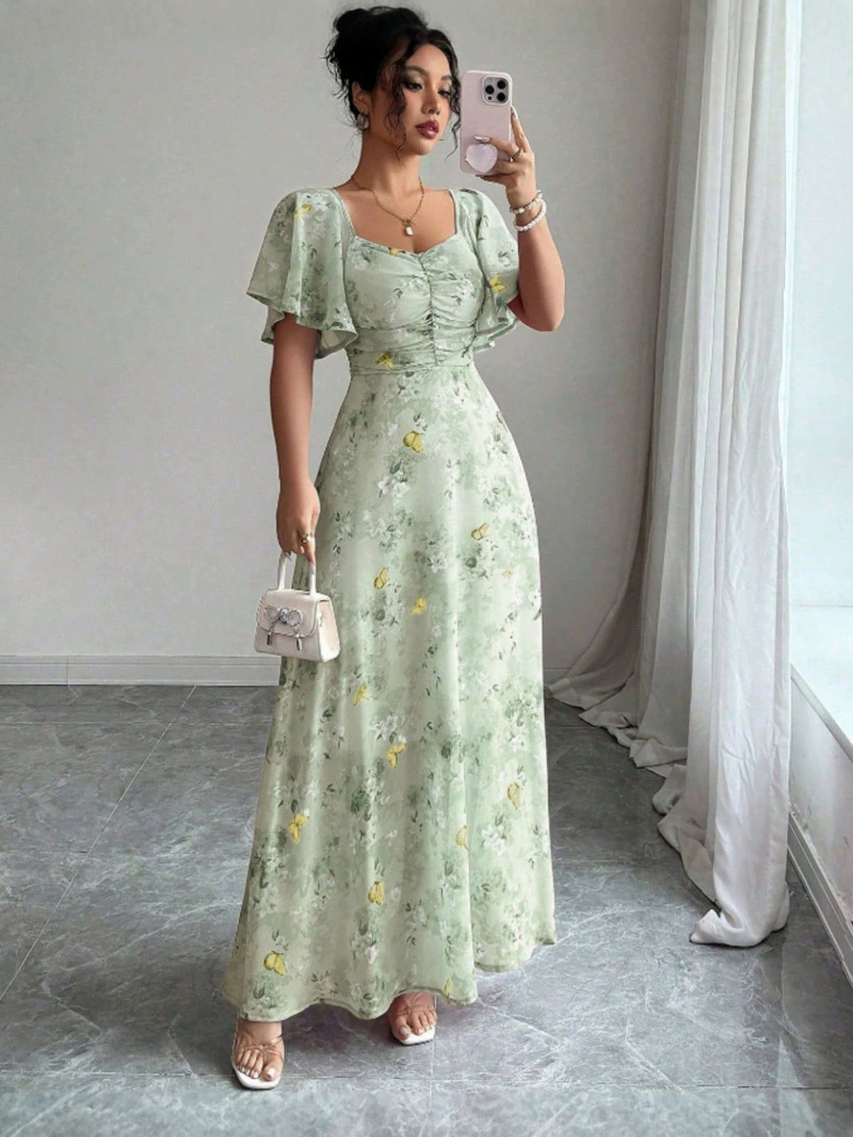 Floral Flutter-Sleeve Maxi Dress