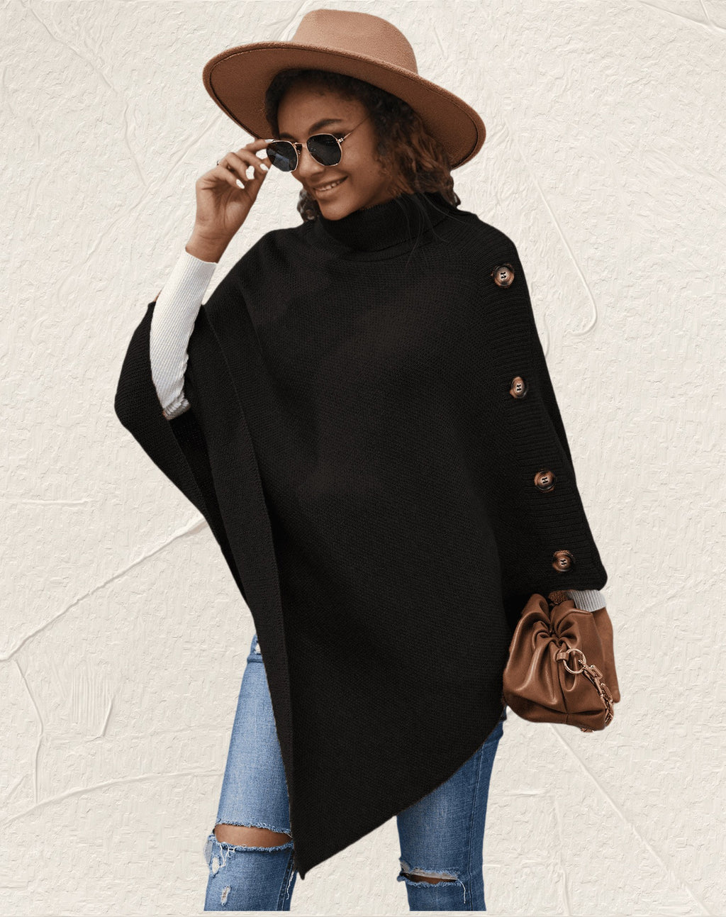 Turtleneck Button Knit Poncho