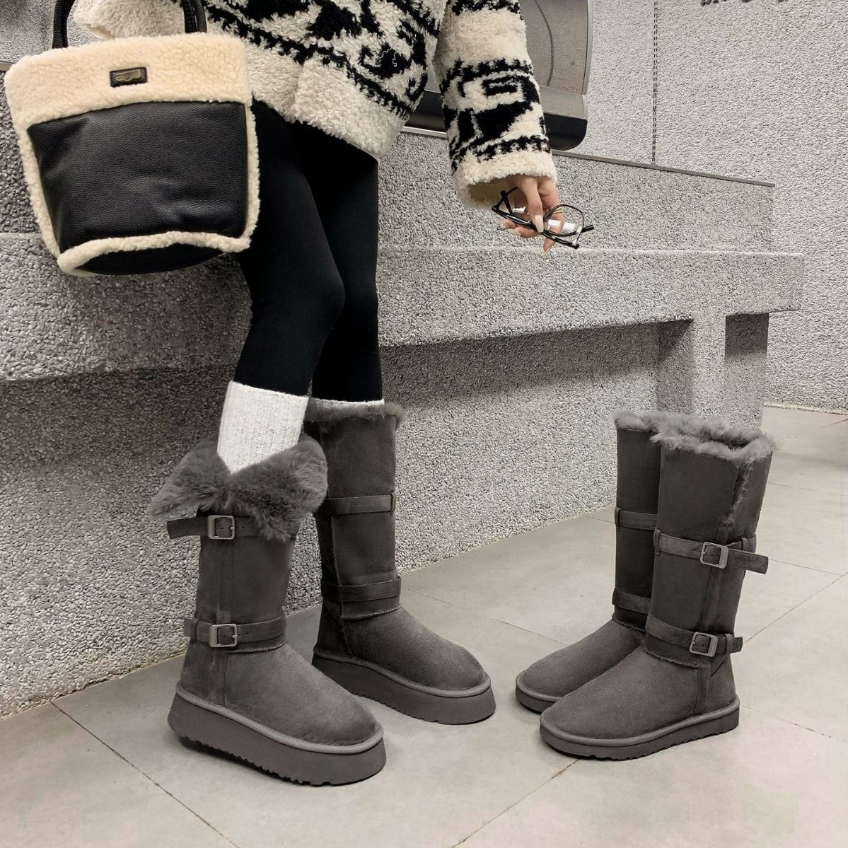 Fleece-Lined Platform Snow Boots