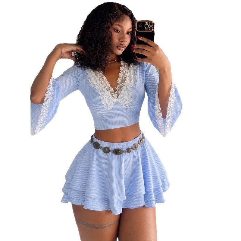 Lace Flare-Sleeve Top & Striped Skirt Set