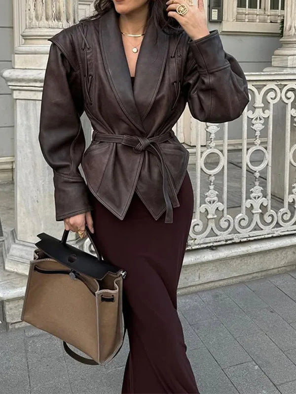 Elegant Faux Leather Belted Jacket