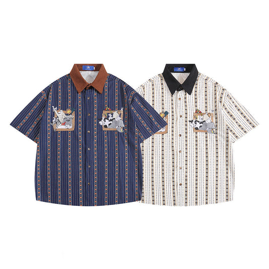 Cartoon Embroidered Striped Shirt