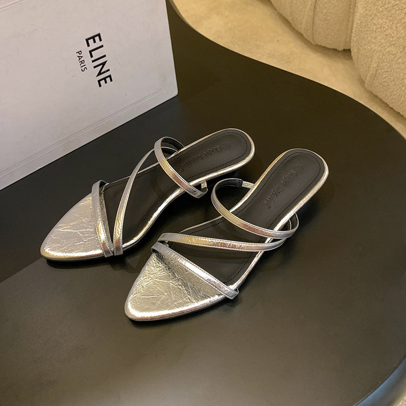 Pointed Leather Low-Heel Sandals
