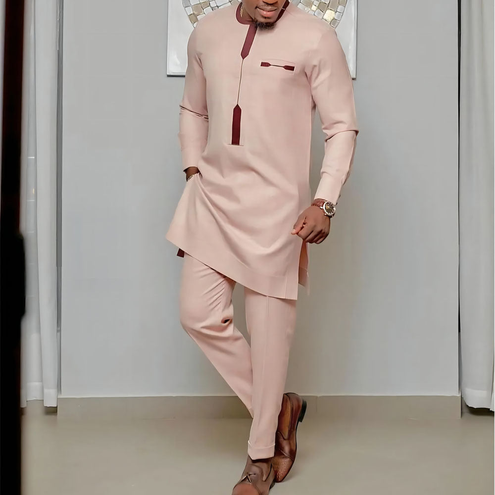 Traditional Muslim African Style Men Wedding New Suit 2 Piece Set Round Neck Long Sleeve Top Plus Pants Foreign Trade