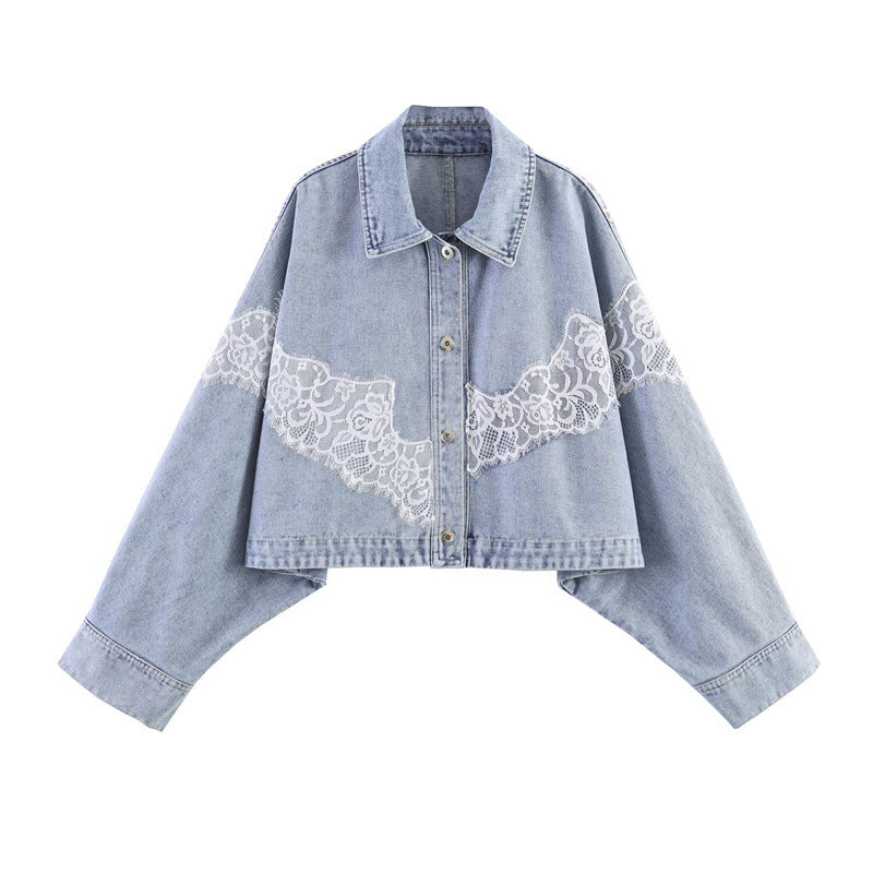 Women's Lace-Panel Cropped Denim Jacket