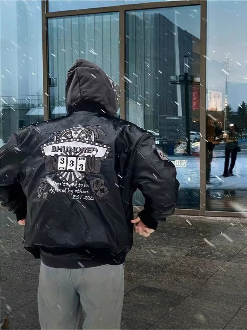Embroidered PU Leather Varsity Jacket