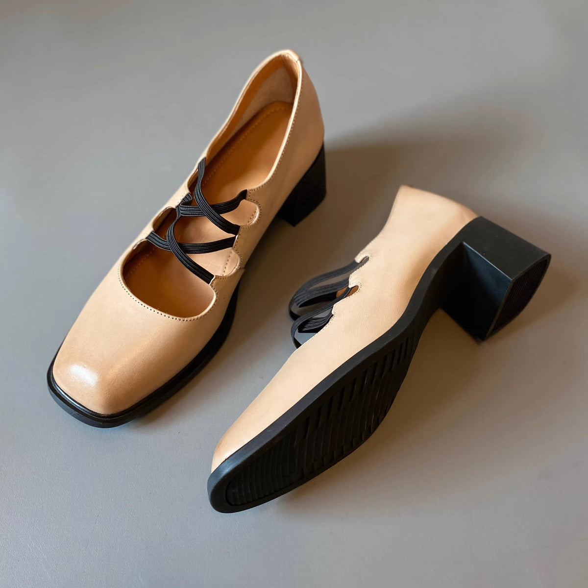 Square-Toe Leather Mary Jane Heels