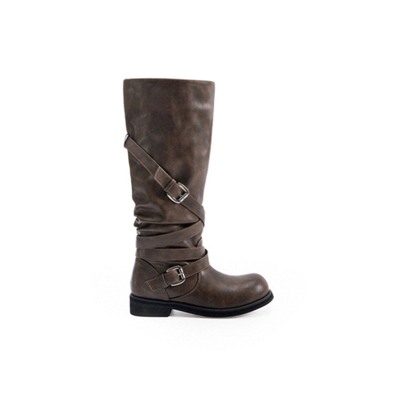 Distressed Buckle Riding Boots