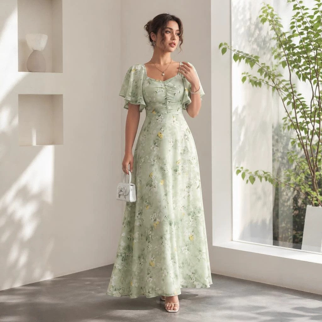 Floral Flutter-Sleeve Maxi Dress - Light Green