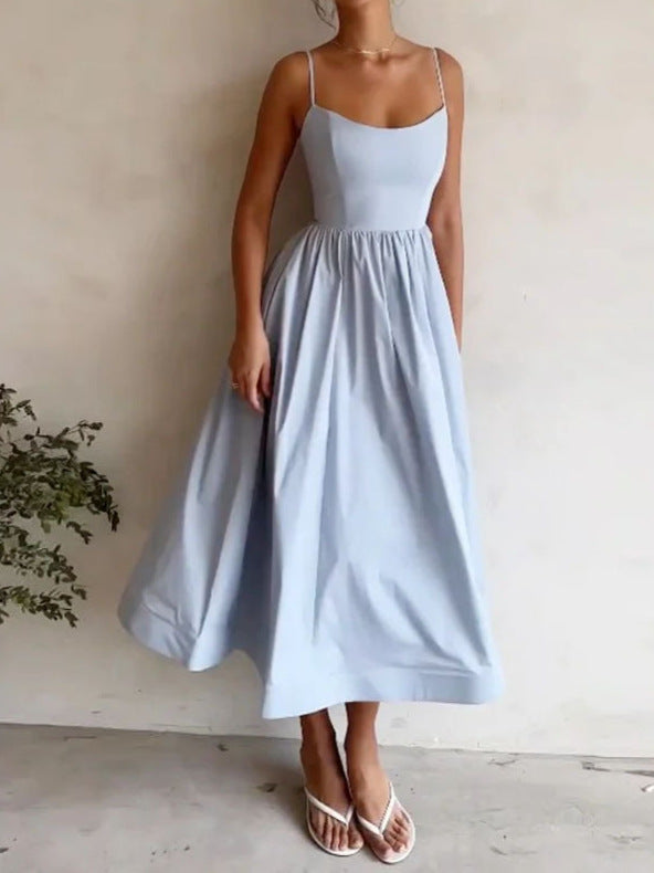 Pleated U-Neck Strap Dress