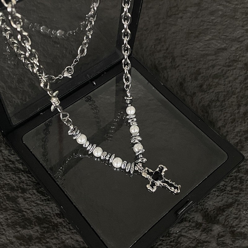 New 2025 pearl special-shaped stone splicing cross necklace versatile personality collarbone niche design for men and women hip-hop