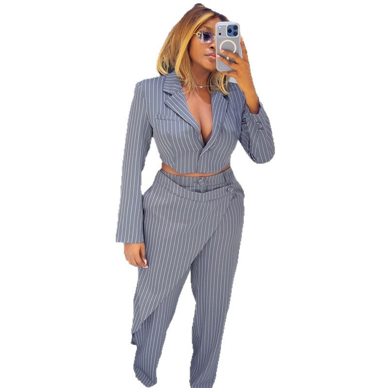 V-Neck Blazer & Striped Pants Set