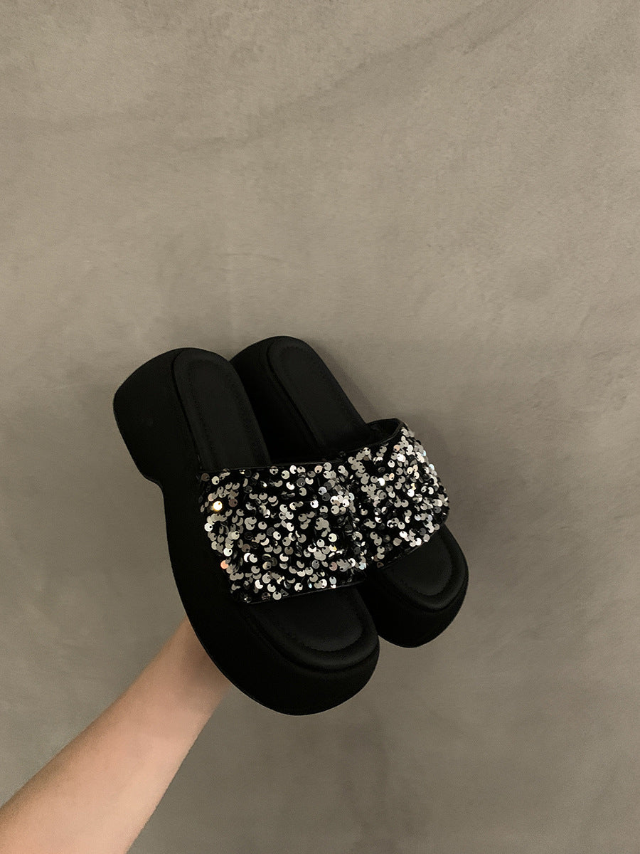 Black Sequin Platform Slides