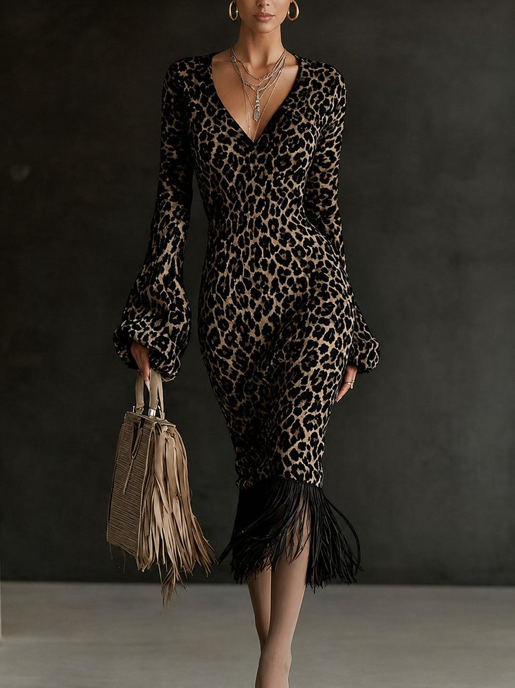 Printed Fringe Knit Dress