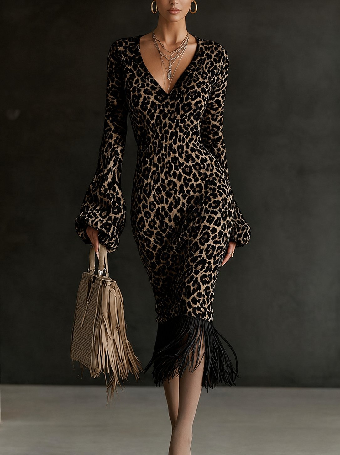 Printed Fringe Knit Dress