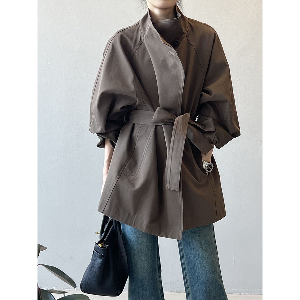 Chic Belted Stand Collar Jacket