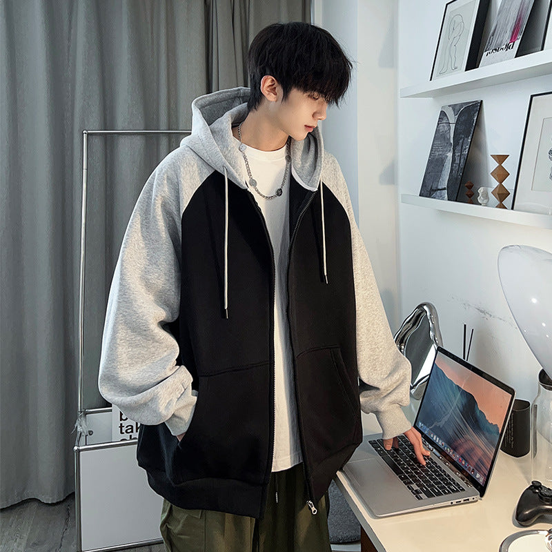 Oversized Contrast Panel Zip-Up Hoodie