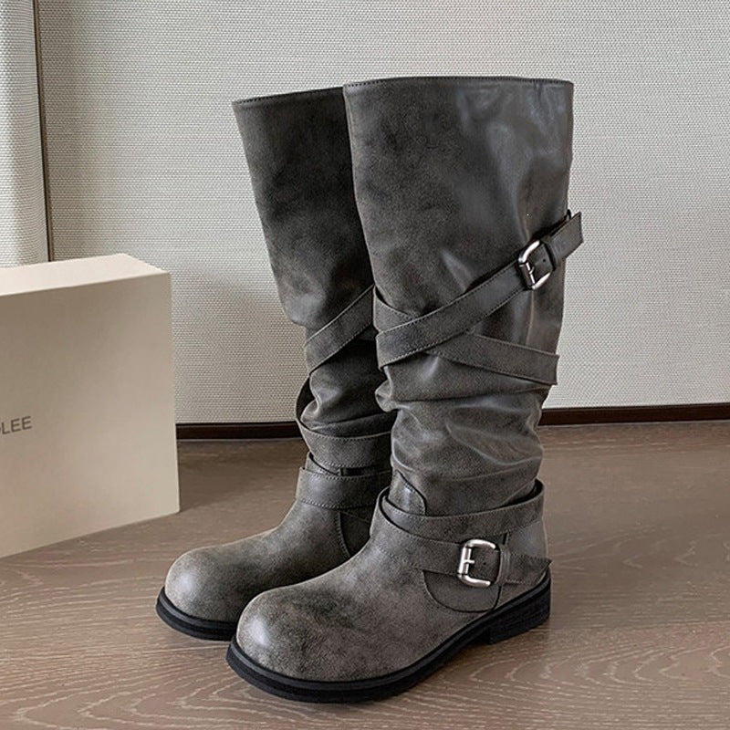 Distressed Buckle Riding Boots