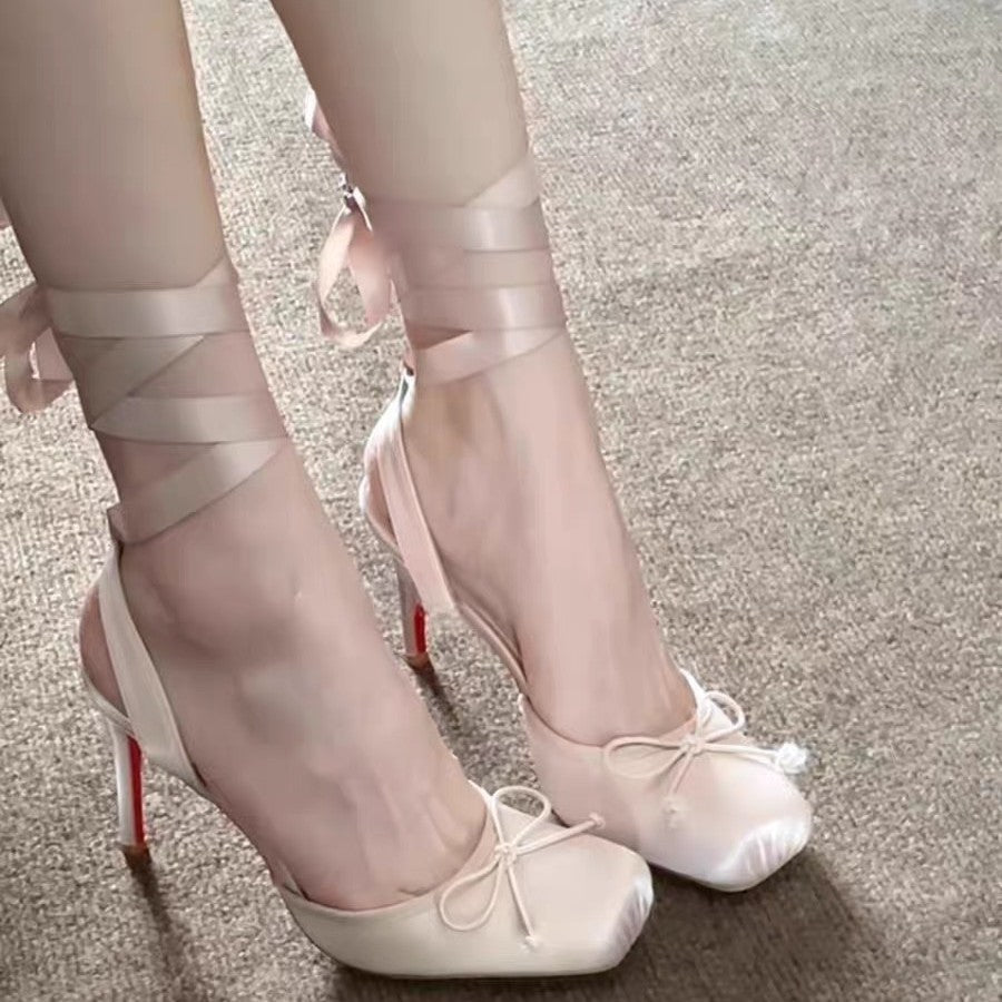 Square-Toe Bow Slingback Heels