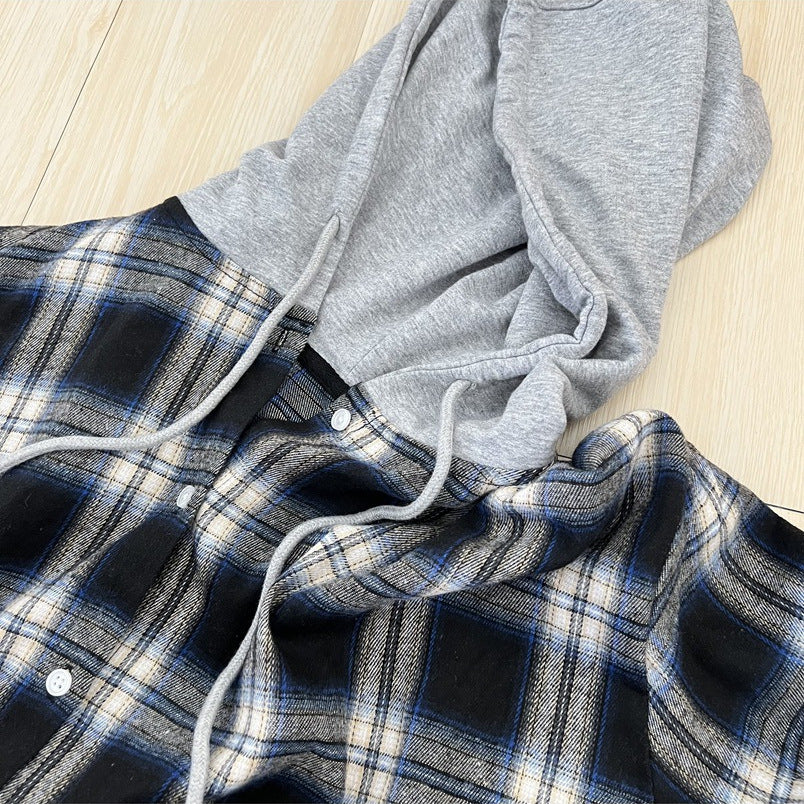 90 cotton vintage plaid shirt casual hooded long sleeve breasted top loose BF style lazy Korean shirt for women