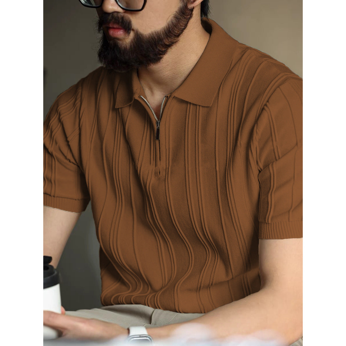 Ribbed Quarter Zip Knit Polo