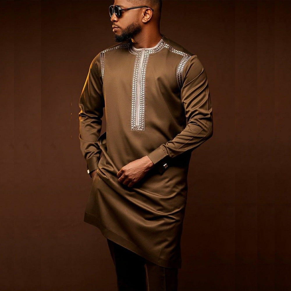 Traditional Muslim African Style Men Wedding New Suit 2 Piece Set Round Neck Long Sleeve Top Plus Pants Foreign Trade