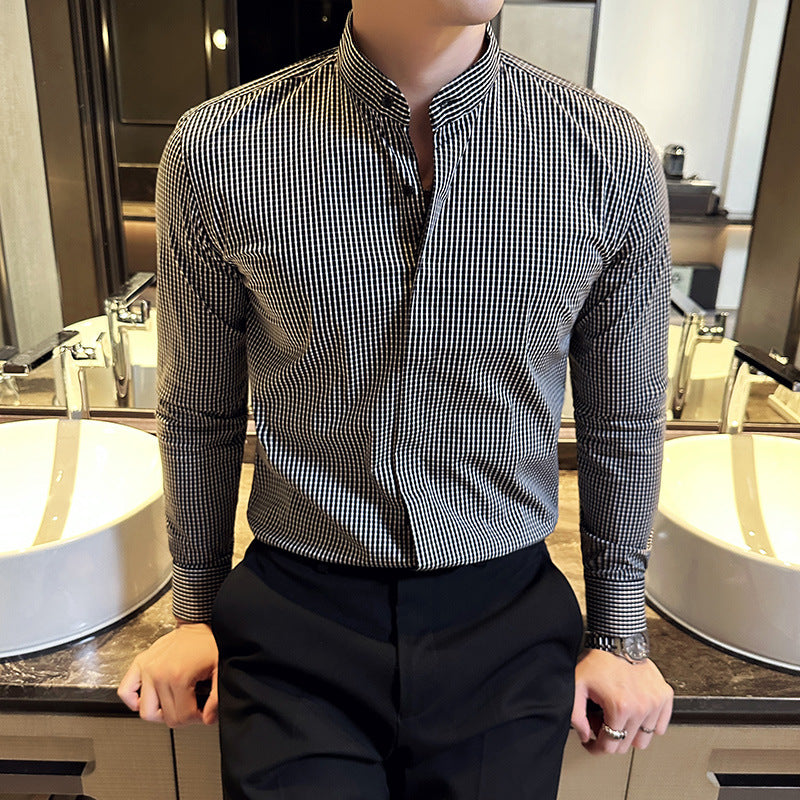 Slim-Fit Micro-Pattern Mandarin Collar Shirt