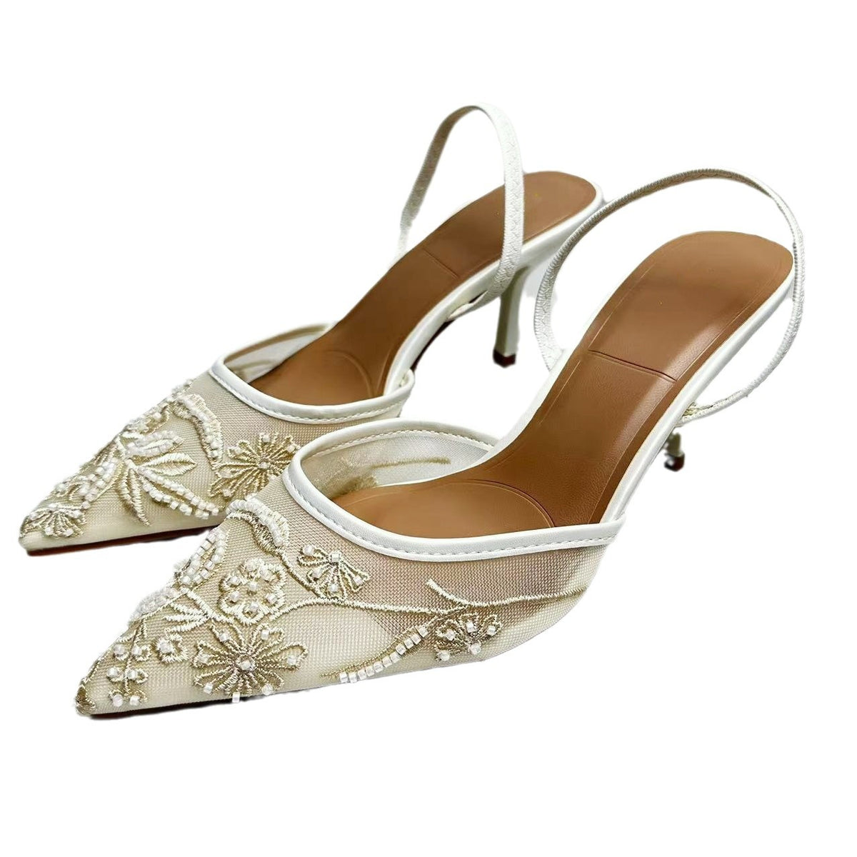 Embroidered Mesh Slingback Heels – product view