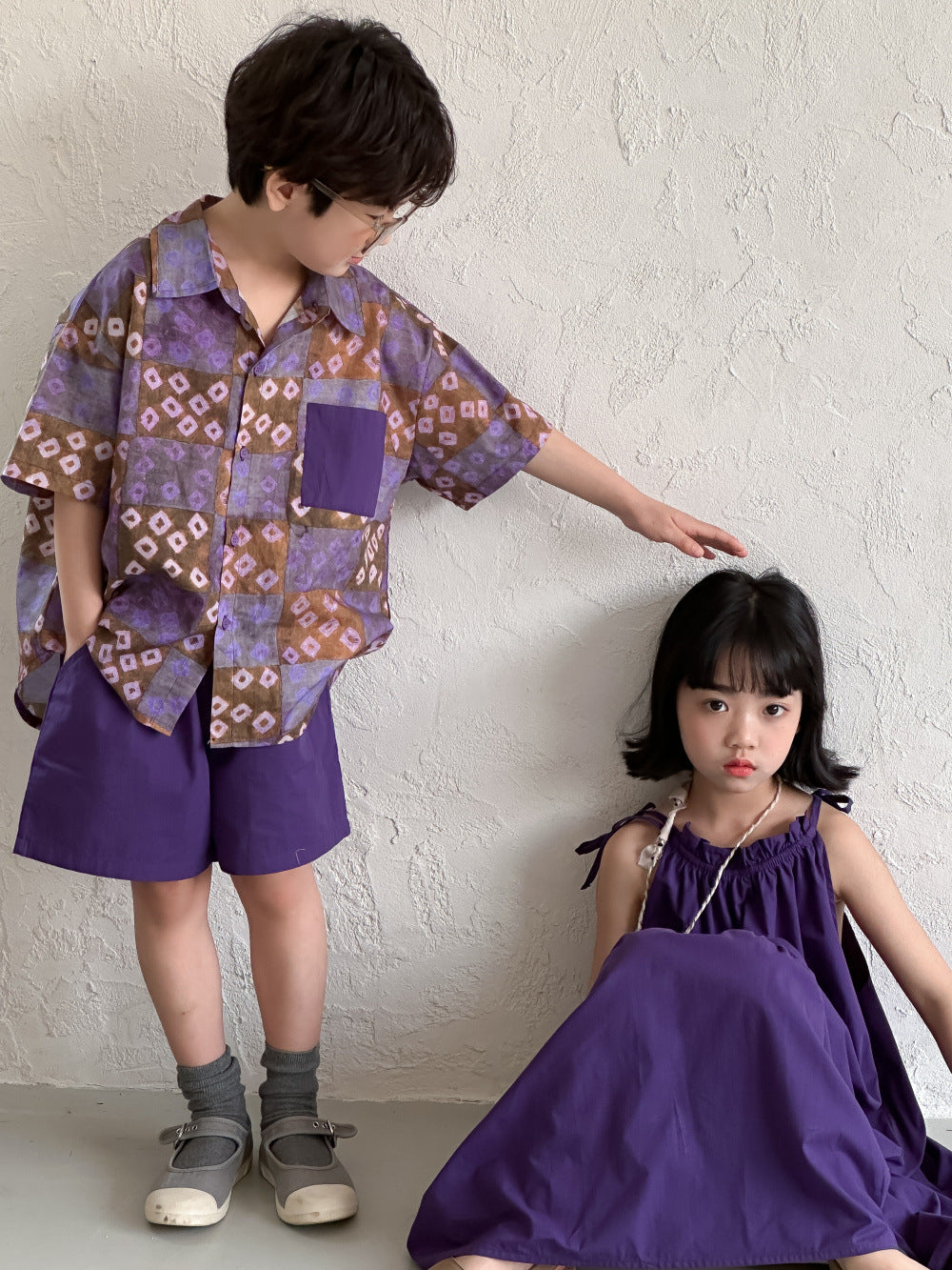 Kids' Solid Dress and Plaid Shirt Outfit