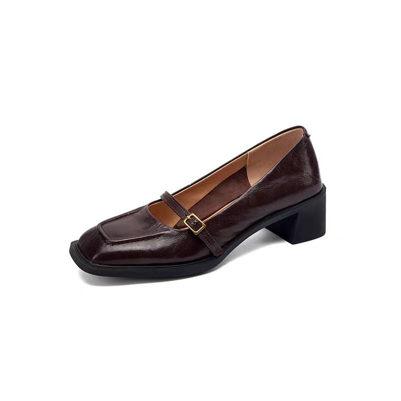 Square-Toe Leather Strap Heels