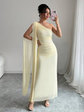 Elegant Mesh One Shoulder Draped Maxi Dress