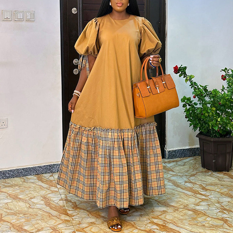 Puff-Sleeve Plaid Patchwork Dress