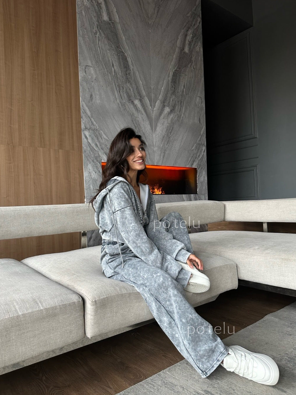 Acid Wash Zip Up Hoodie and Wide Leg Sweatpants Set