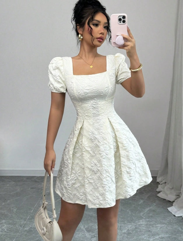 Elegance Jacquard Puff Sleeve Dress