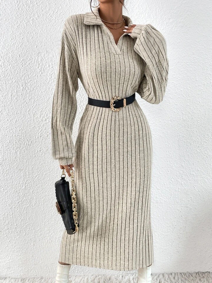 Polo Collar Ribbed Knit Dress