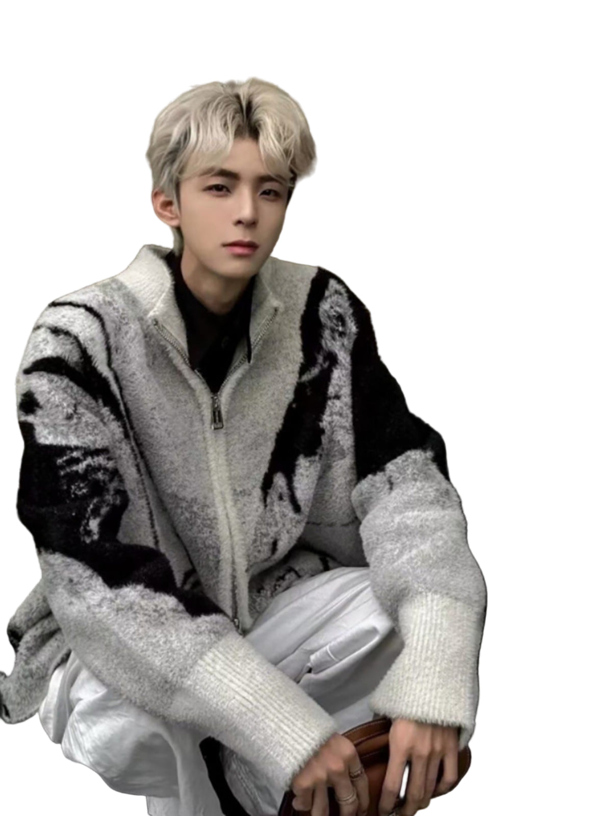 Jacquard Knit Zip Cardigan