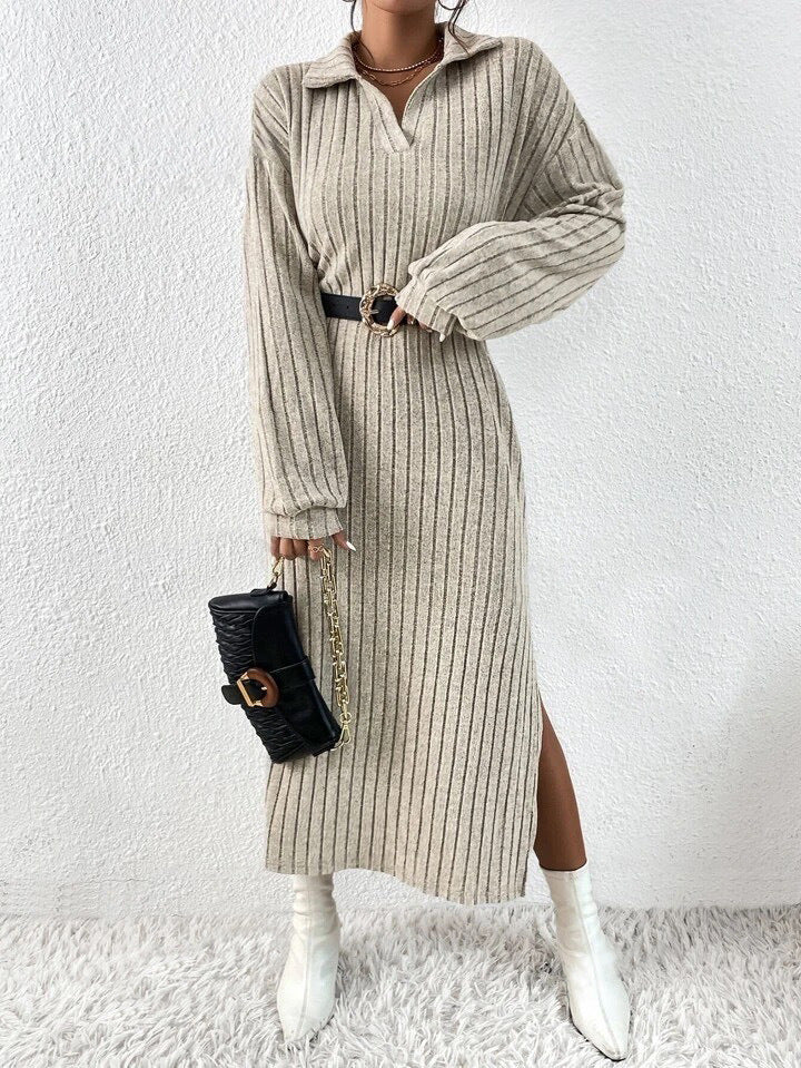 Polo Collar Ribbed Knit Dress